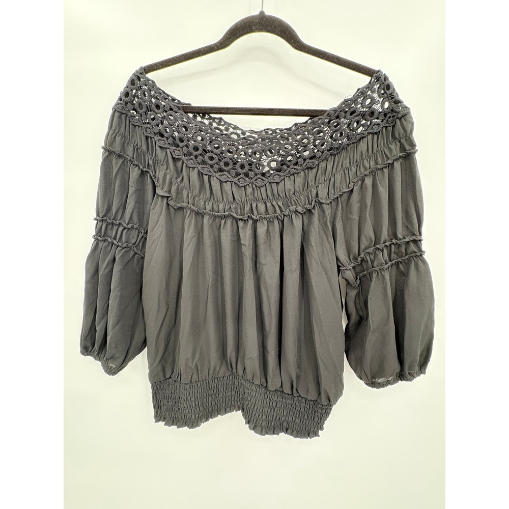 Venus Black Crochet Lace Off The Shoulder Smocked Waist Boho Peasant Blouse S